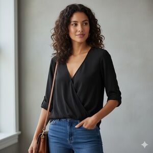 NWOT Lush Sheer Black 3/4 Sleeve High-Low Wrap Style Blouse Size Medium